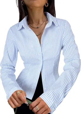 Women's Striped Button Down Shirts Flare Sleeve Slim Fit Blouses V Neck Collared Y2k Crop Tops Streetwear