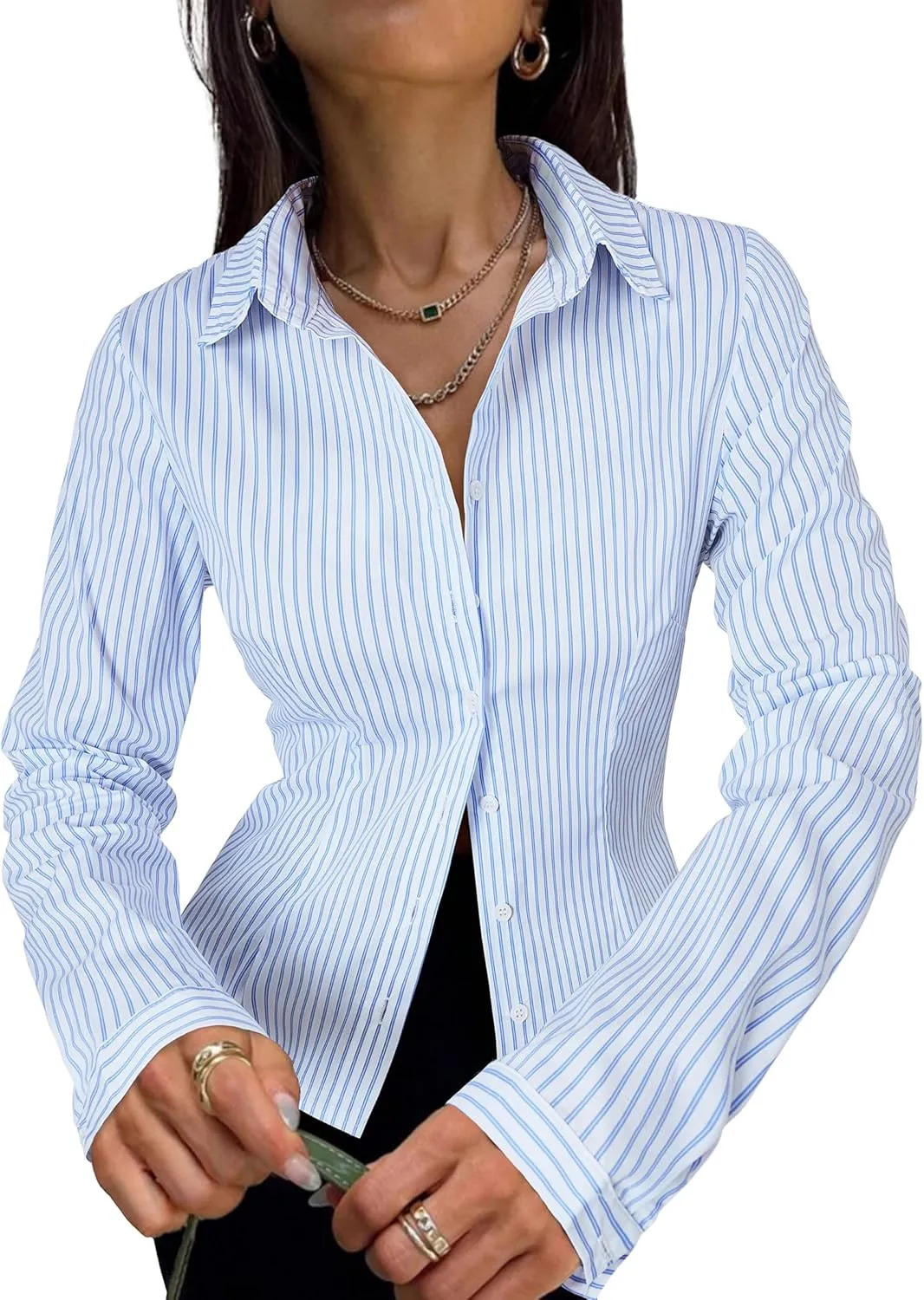 Women's Striped Button Down Shirts Flare Sleeve Slim Fit Blouses V Neck Collared Y2k Crop Tops Streetwear