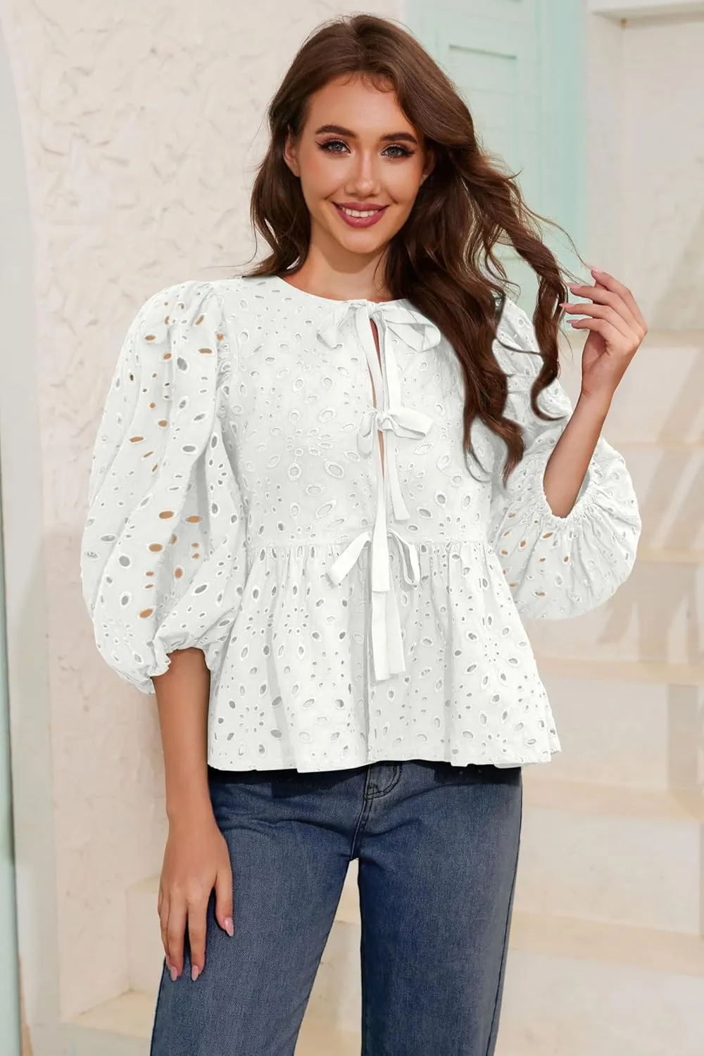 Women's Summer Tie Front Babydoll Blouse Button Down Eyelet Shirt with Puff Short Sleeve Hollow Out Embroidery Tops