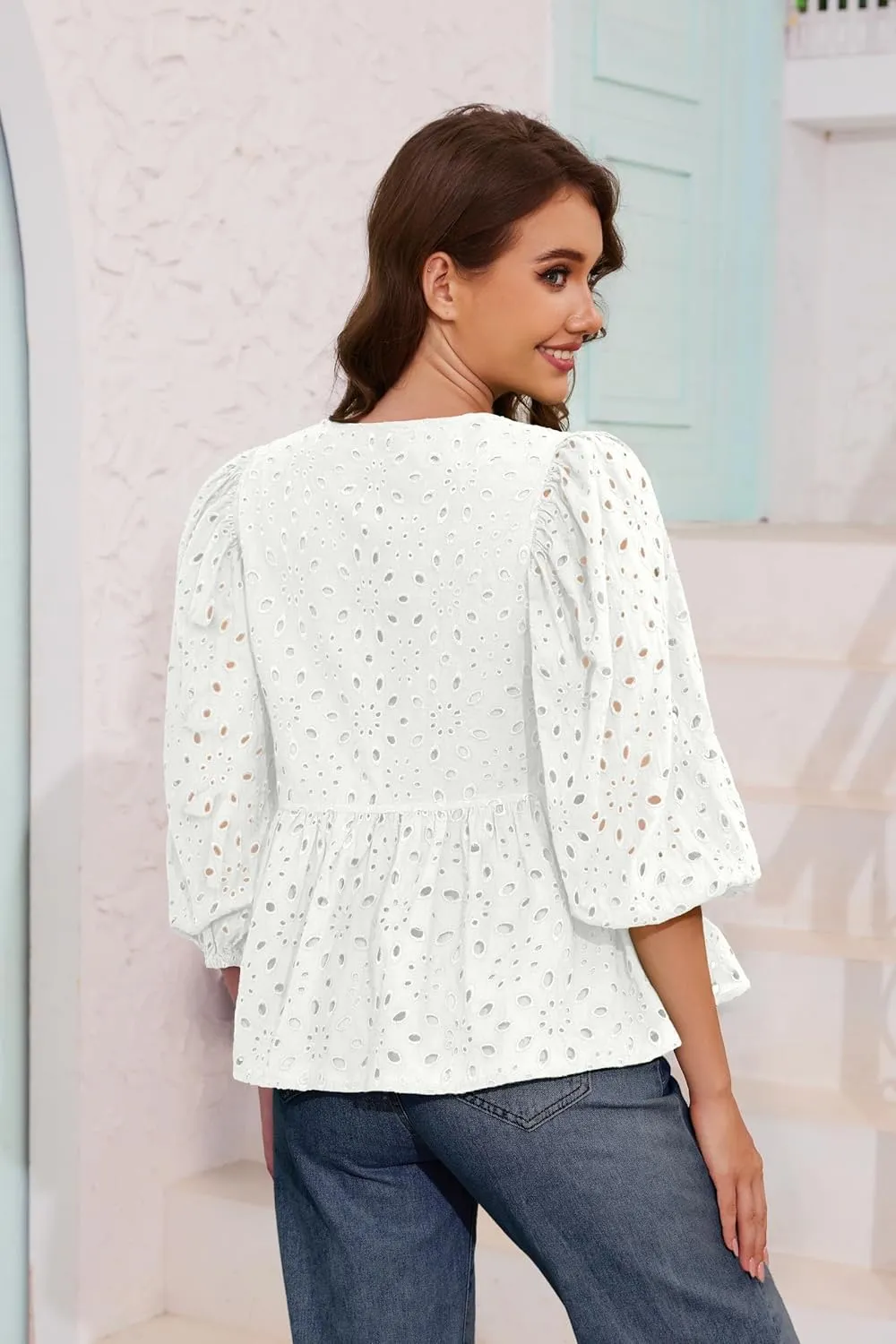 Women's Summer Tie Front Babydoll Blouse Button Down Eyelet Shirt with Puff Short Sleeve Hollow Out Embroidery Tops
