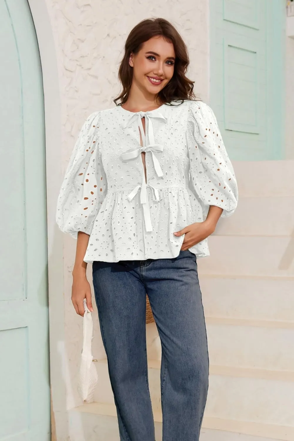 Women's Summer Tie Front Babydoll Blouse Button Down Eyelet Shirt with Puff Short Sleeve Hollow Out Embroidery Tops