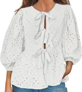 Women's Summer Tie Front Babydoll Blouse Button Down Eyelet Shirt with Puff Short Sleeve Hollow Out Embroidery Tops