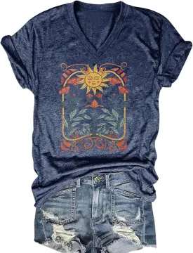 Women's T-Shirts V-Neck Boho Flowers Wildflowers Tee Cute Summer Graphic Shirts Short Sleeve T Shirt