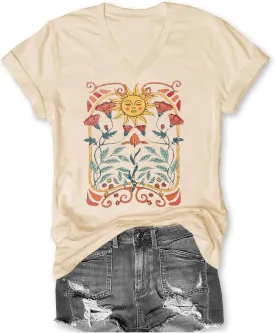 Women's T-Shirts V-Neck Boho Flowers Wildflowers Tee Cute Summer Graphic Shirts Short Sleeve T Shirt